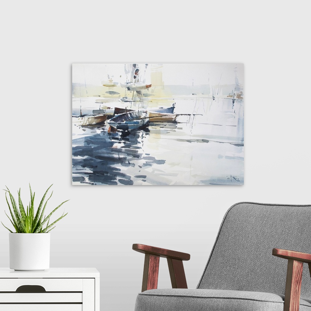 A modern room featuring Gestural brush strokes of dark blue watercolors illustrate restless waters under a simple boat al...