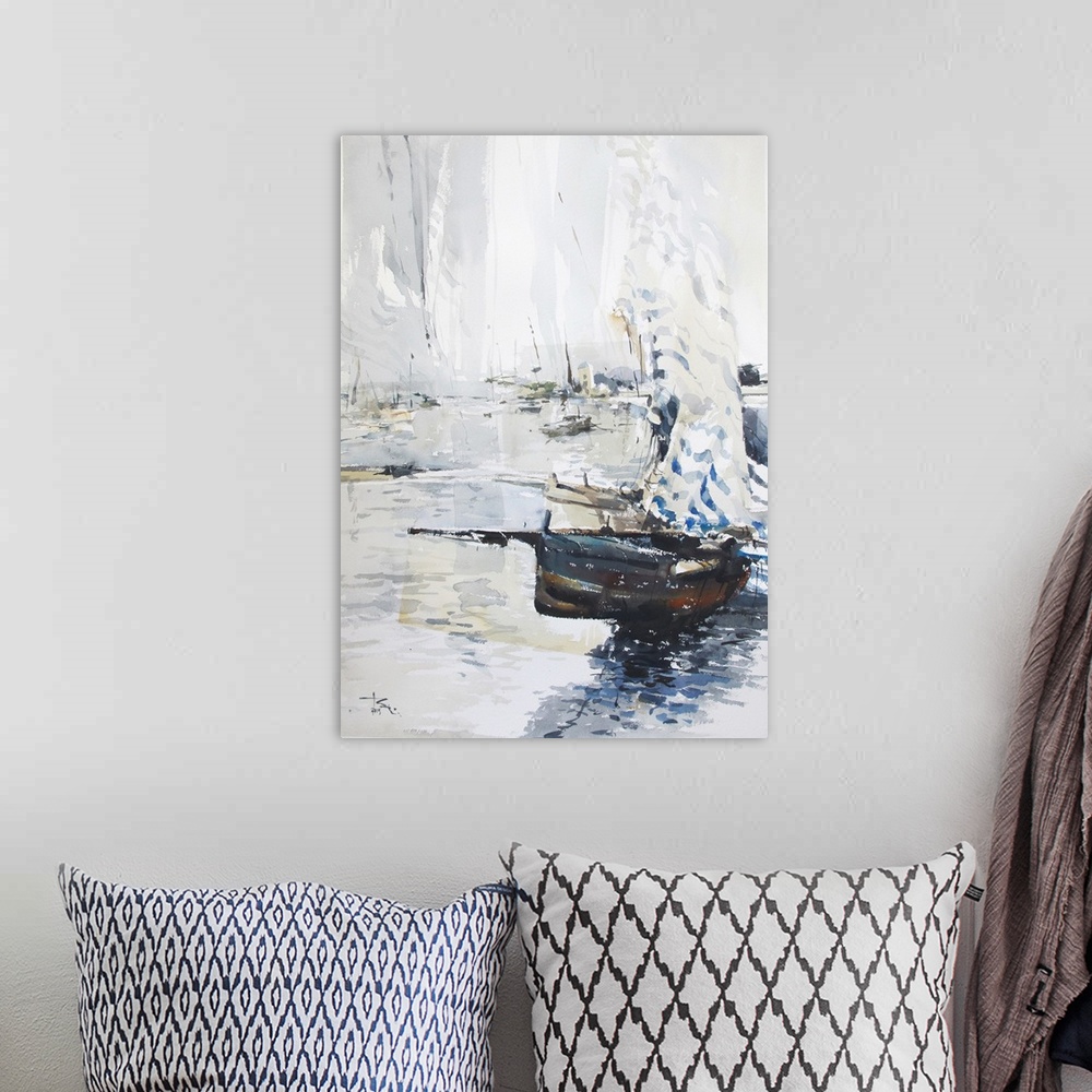 A bohemian room featuring Gestural brush strokes of dark watercolors illustrate a ship floating against a transparent lands...