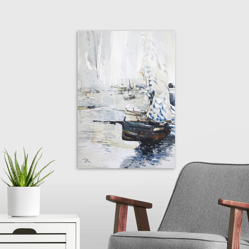 A modern room featuring Gestural brush strokes of dark watercolors illustrate a ship floating against a transparent lands...
