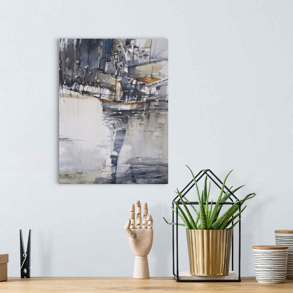 A bohemian room featuring This contemporary artwork uses moody grays and rustling watercolor brush strokes to create a mari...