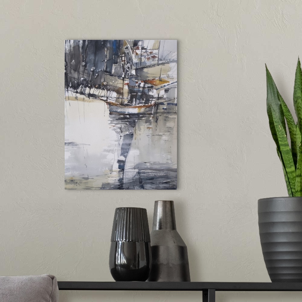 A modern room featuring This contemporary artwork uses moody grays and rustling watercolor brush strokes to create a mari...