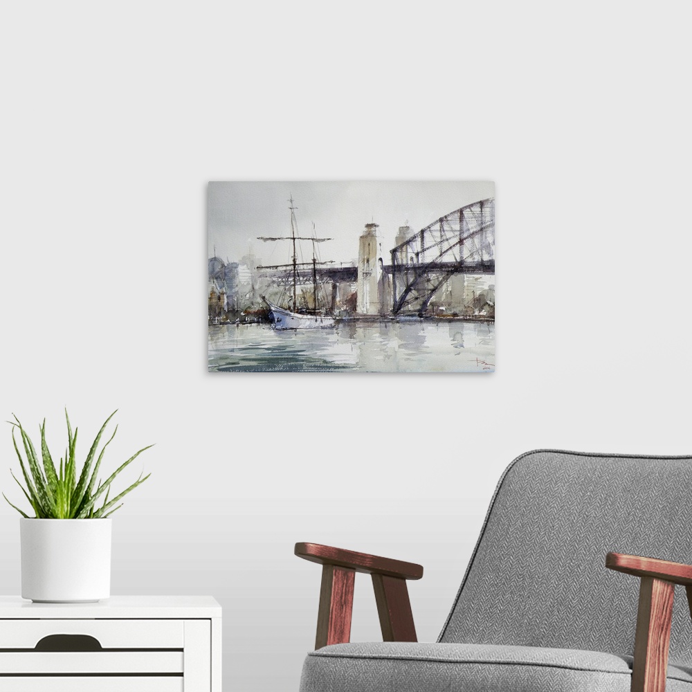 A modern room featuring This contemporary artwork features dry watercolor brush strokes and muted colors to create a sole...