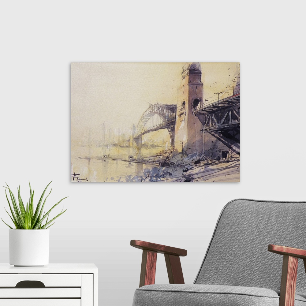 A modern room featuring Gestural brush strokes of watercolors create the Sydney Harbor Bridge looking towards North Sydne...