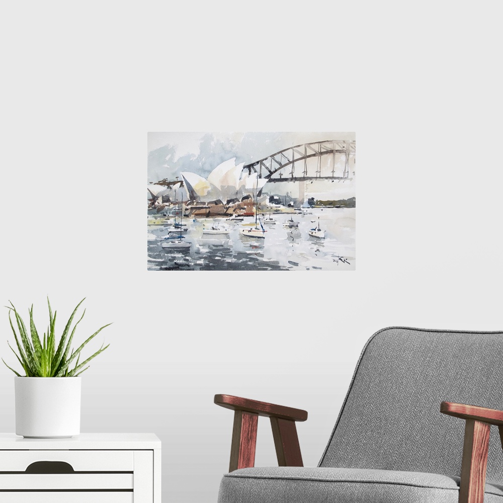 A modern room featuring Gestural brush strokes of muted watercolors create a story of floating boats near the Sydney Oper...