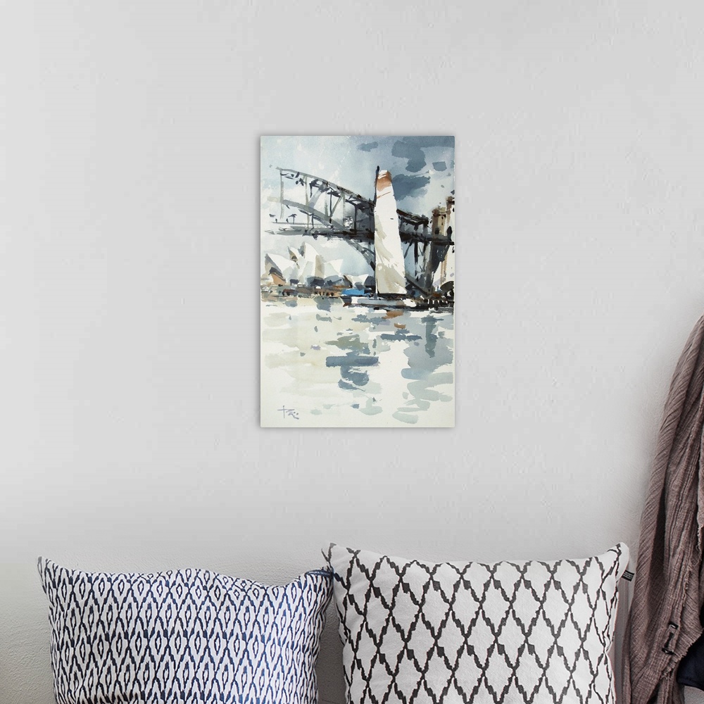 A bohemian room featuring This contemporary artwork uses short watercolor brush strokes in muted colors to emulate a sail b...