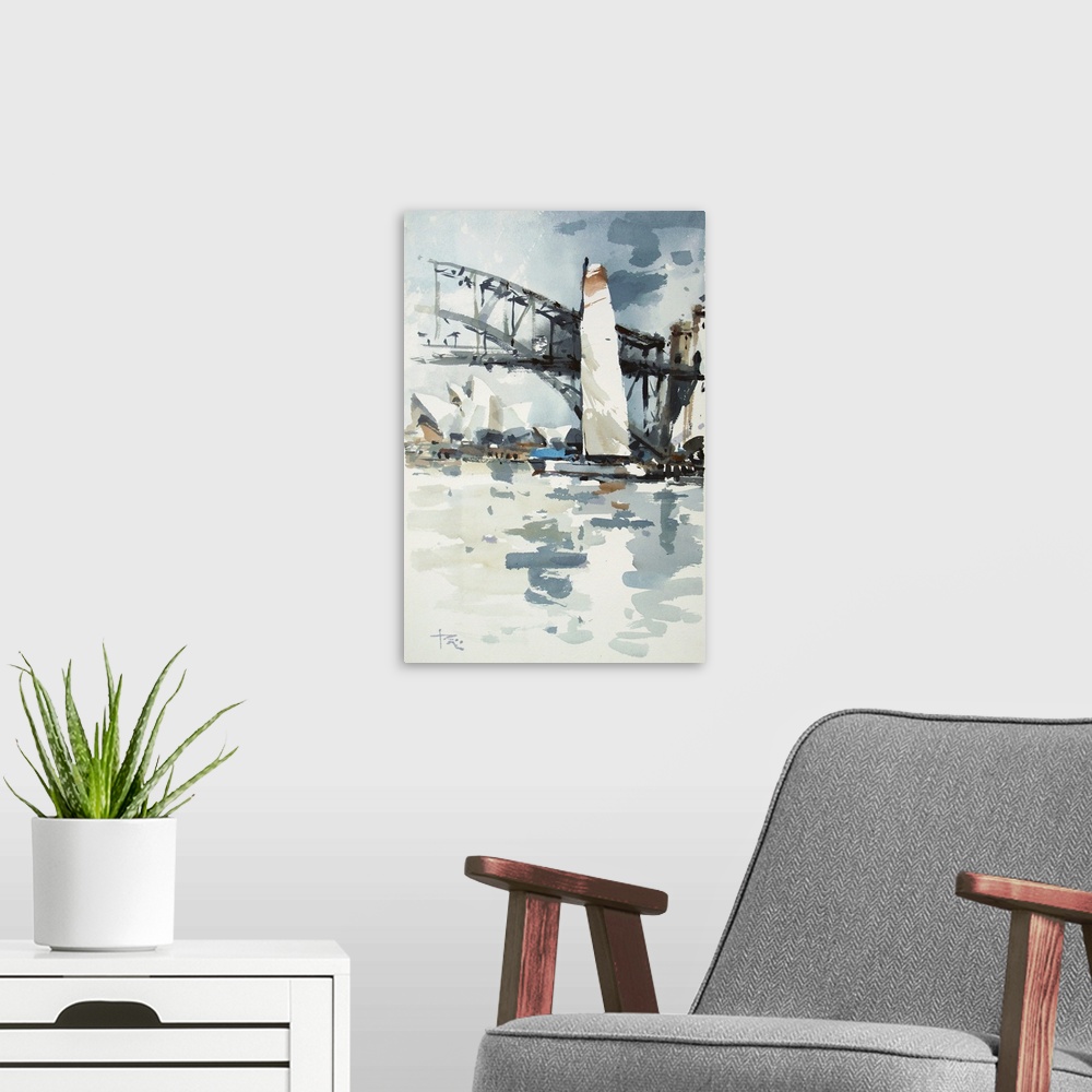 A modern room featuring This contemporary artwork uses short watercolor brush strokes in muted colors to emulate a sail b...