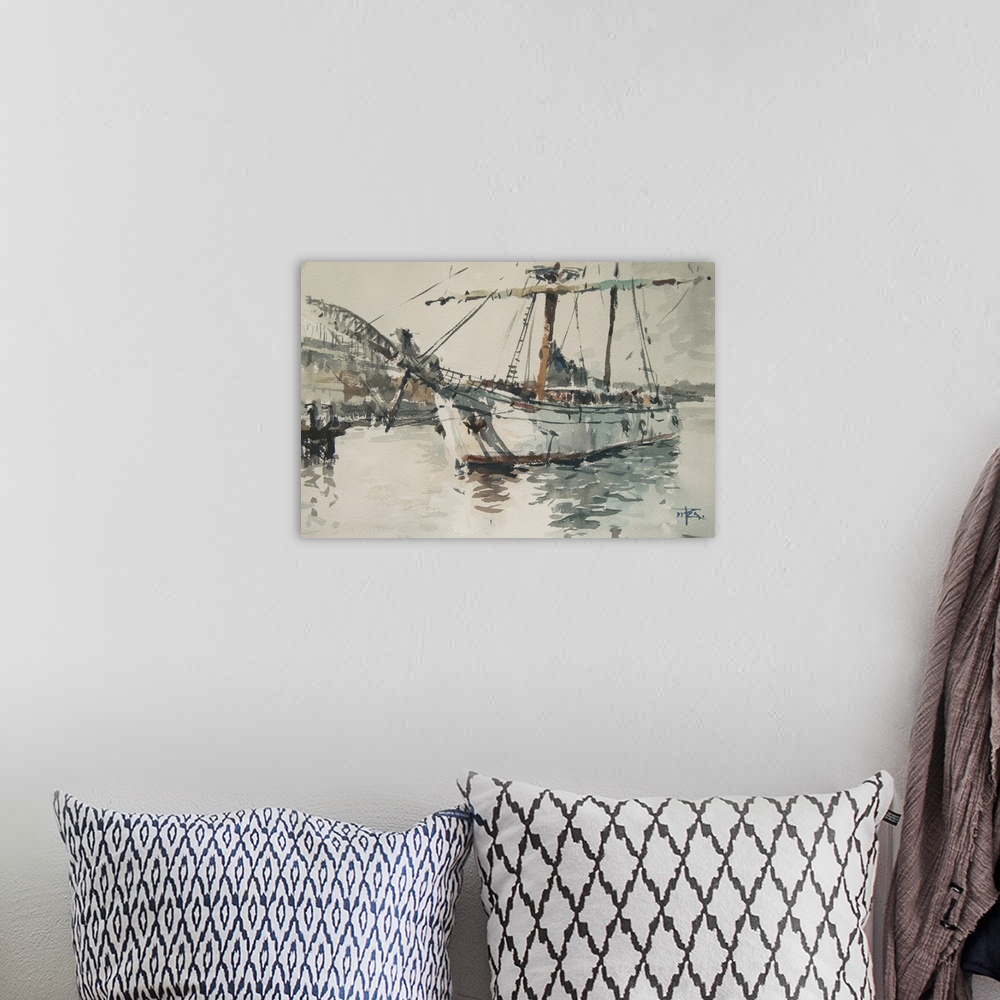 A bohemian room featuring Gestural brush strokes of muted watercolors create a hazy moody landscape of a tall ship in Sydne...
