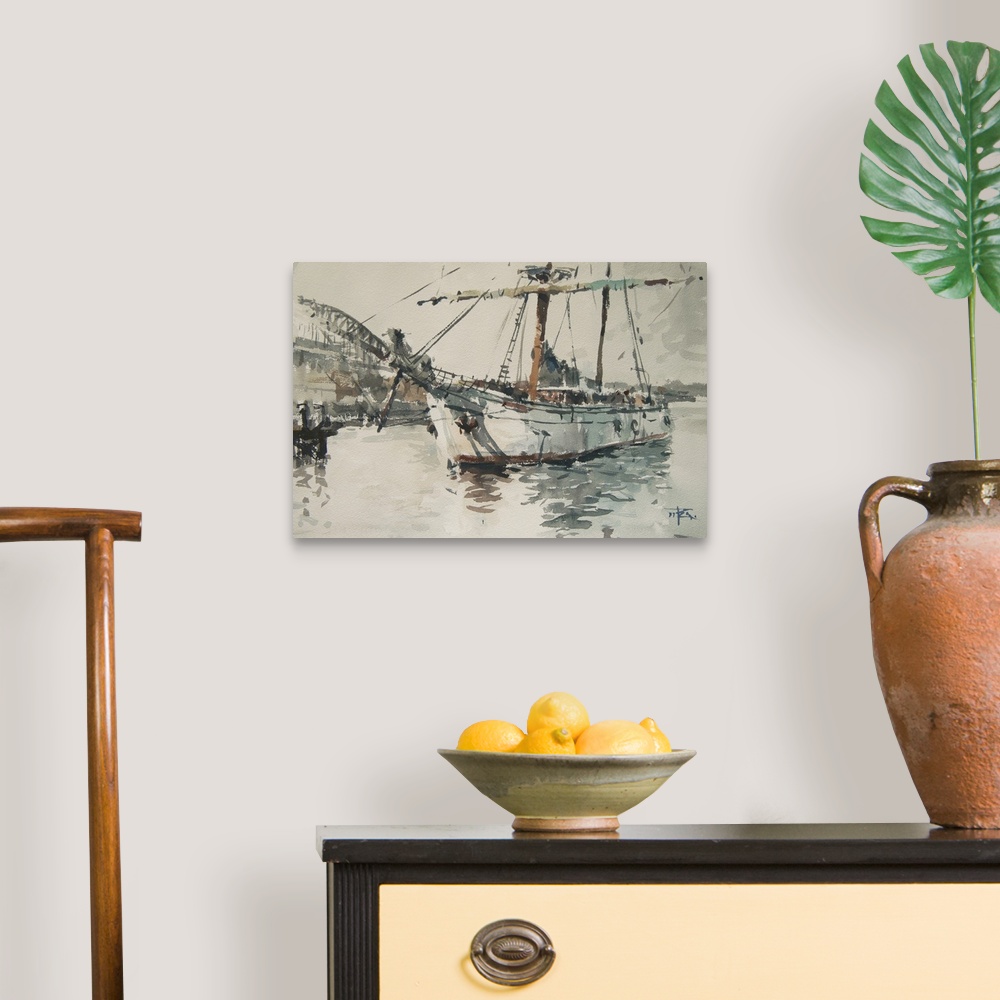 A traditional room featuring Gestural brush strokes of muted watercolors create a hazy moody landscape of a tall ship in Sydne...