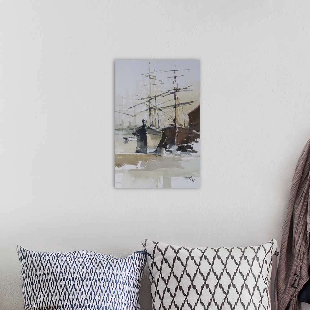 A bohemian room featuring Gestural brush strokes of warm watercolors create Balclutha and the Thayer Tall ship in London, T...
