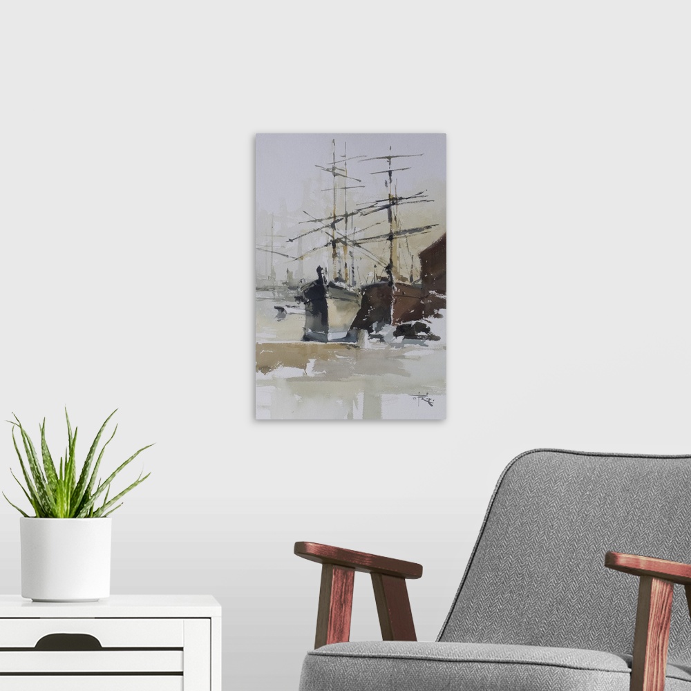 A modern room featuring Gestural brush strokes of warm watercolors create Balclutha and the Thayer Tall ship in London, T...