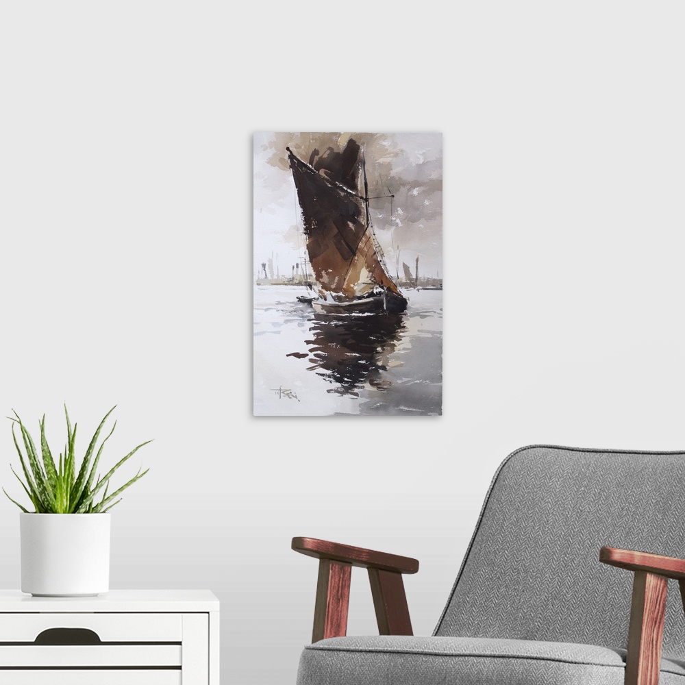 A modern room featuring This contemporary artwork features dry watercolor brush strokes and heavy shadows to create a riv...