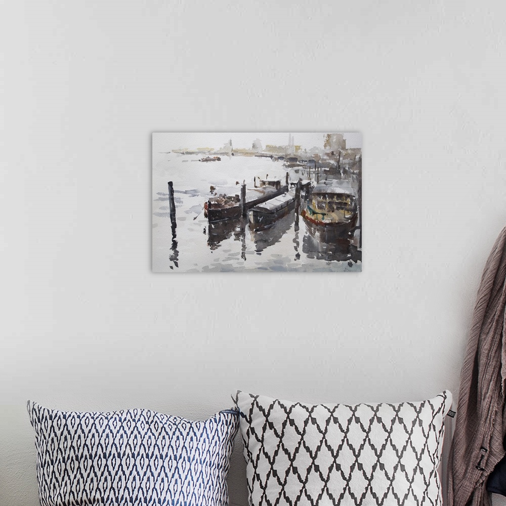 A bohemian room featuring This contemporary artwork features dry watercolor brush stokes to illustrate boats docked on rive...
