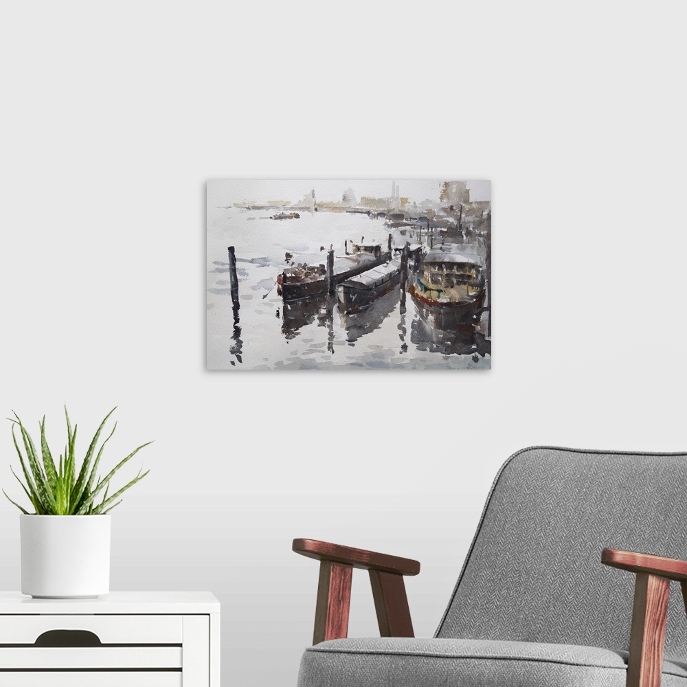 A modern room featuring This contemporary artwork features dry watercolor brush stokes to illustrate boats docked on rive...