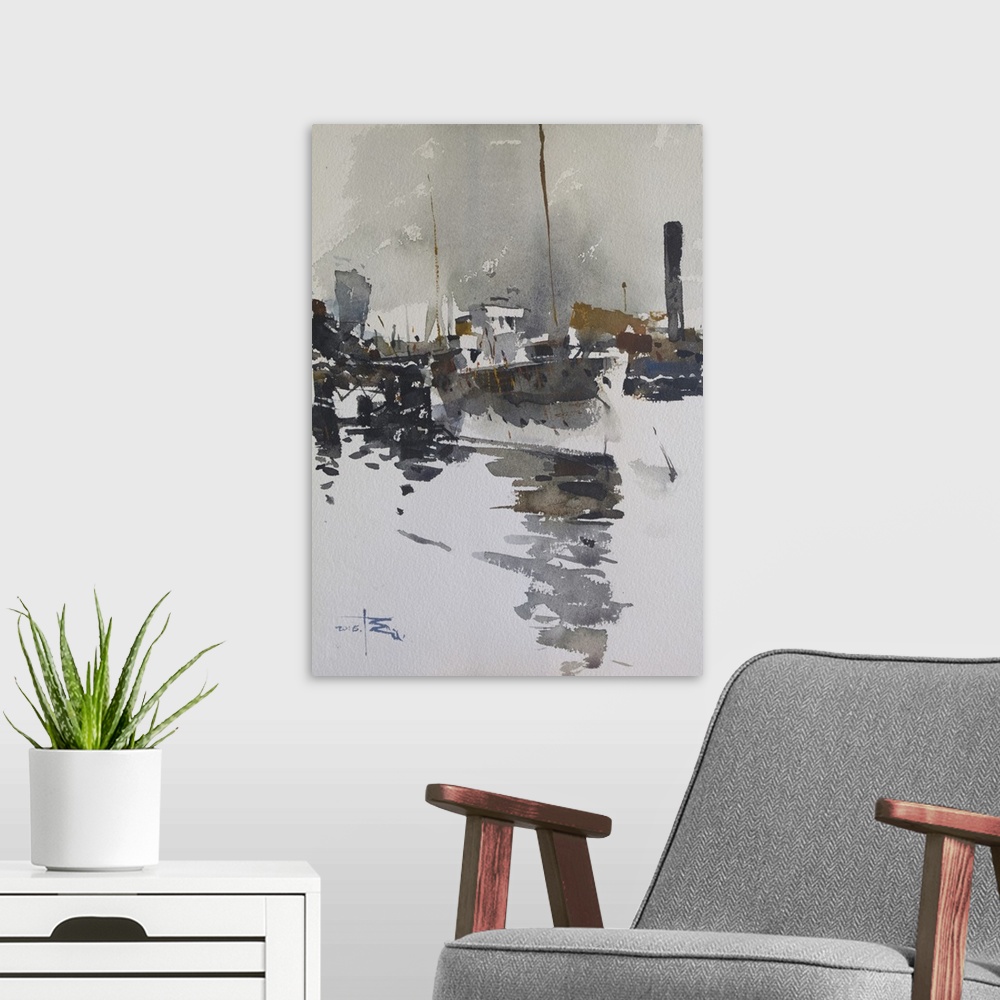 A modern room featuring This contemporary artwork features dry watercolor brush strokes and heavy shadows to create a Lon...