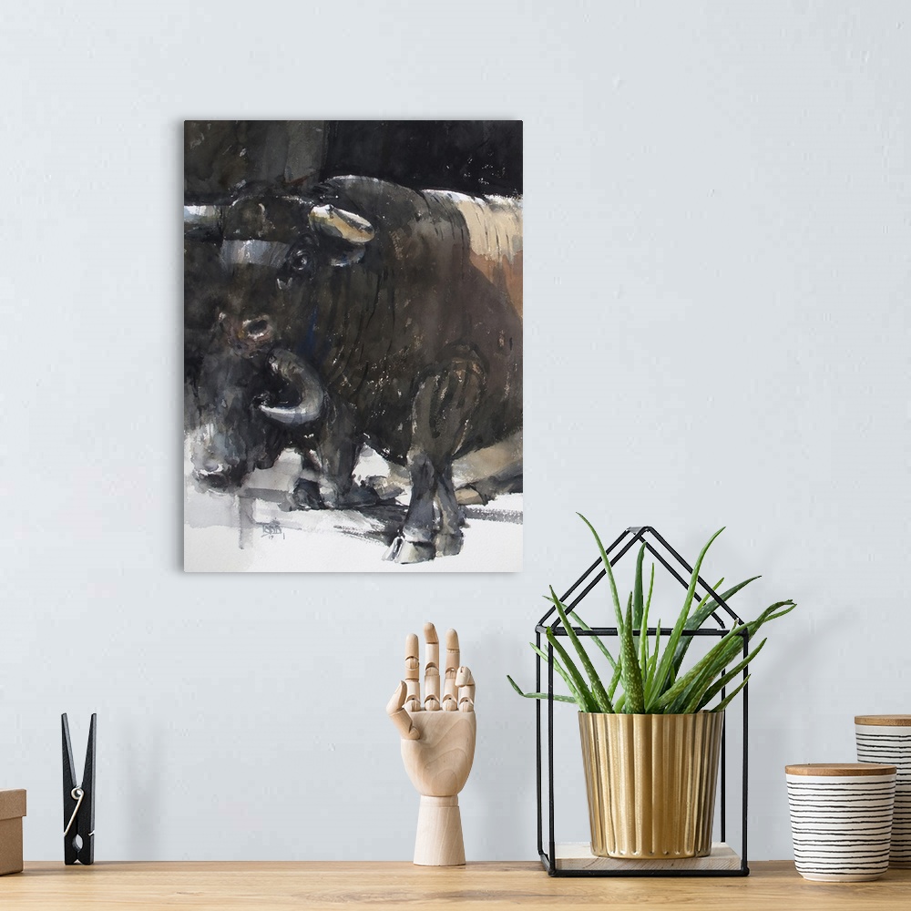 A bohemian room featuring This contemporary artwork is the first half of a watercolor bull diptych that displays the streng...