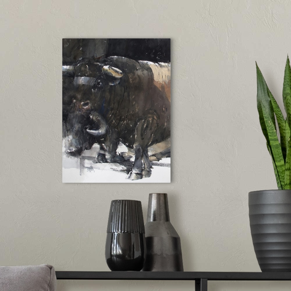 A modern room featuring This contemporary artwork is the first half of a watercolor bull diptych that displays the streng...