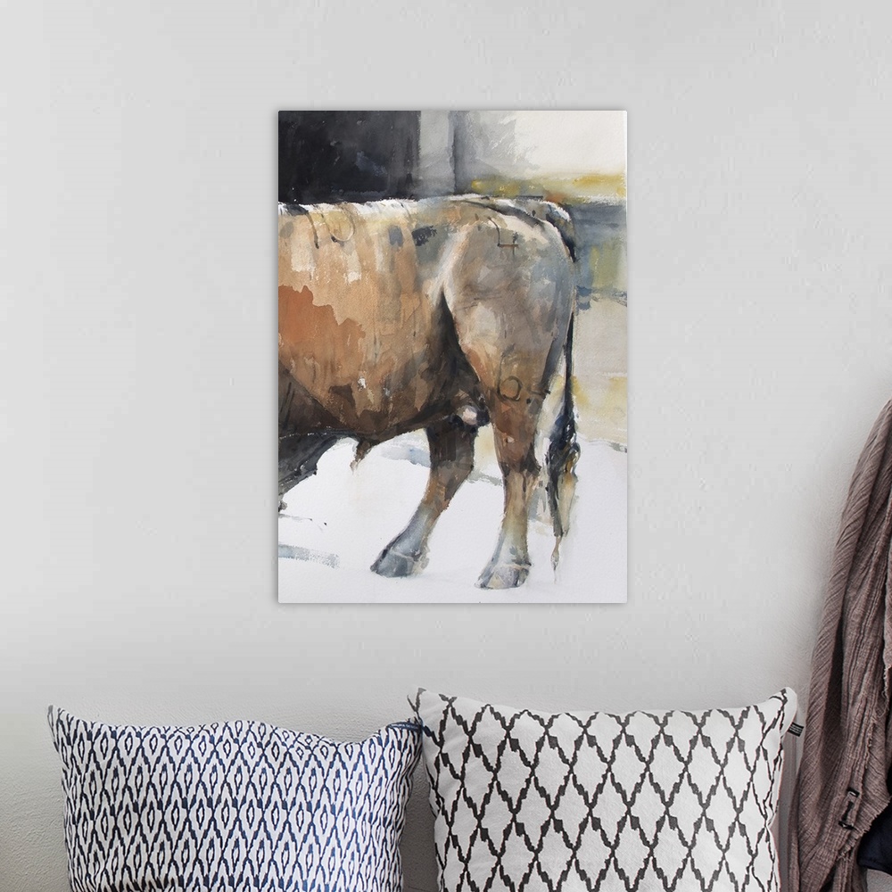 A bohemian room featuring This contemporary artwork is the second half of a watercolor bull diptych that displays the stren...