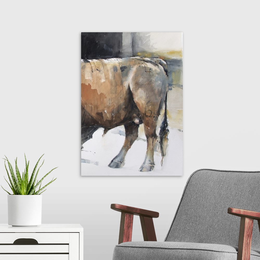 A modern room featuring This contemporary artwork is the second half of a watercolor bull diptych that displays the stren...