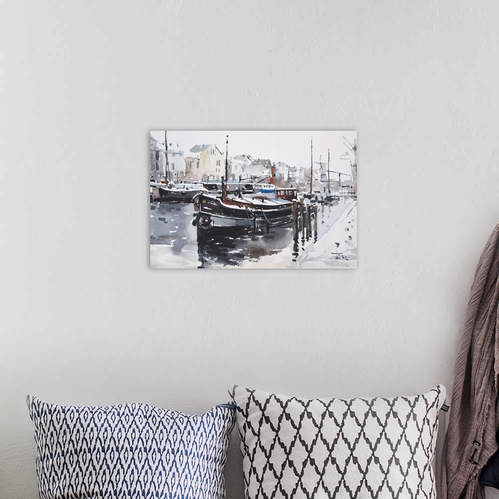 A bohemian room featuring This contemporary artwork highlights snow covered surfaces in this packed marina.