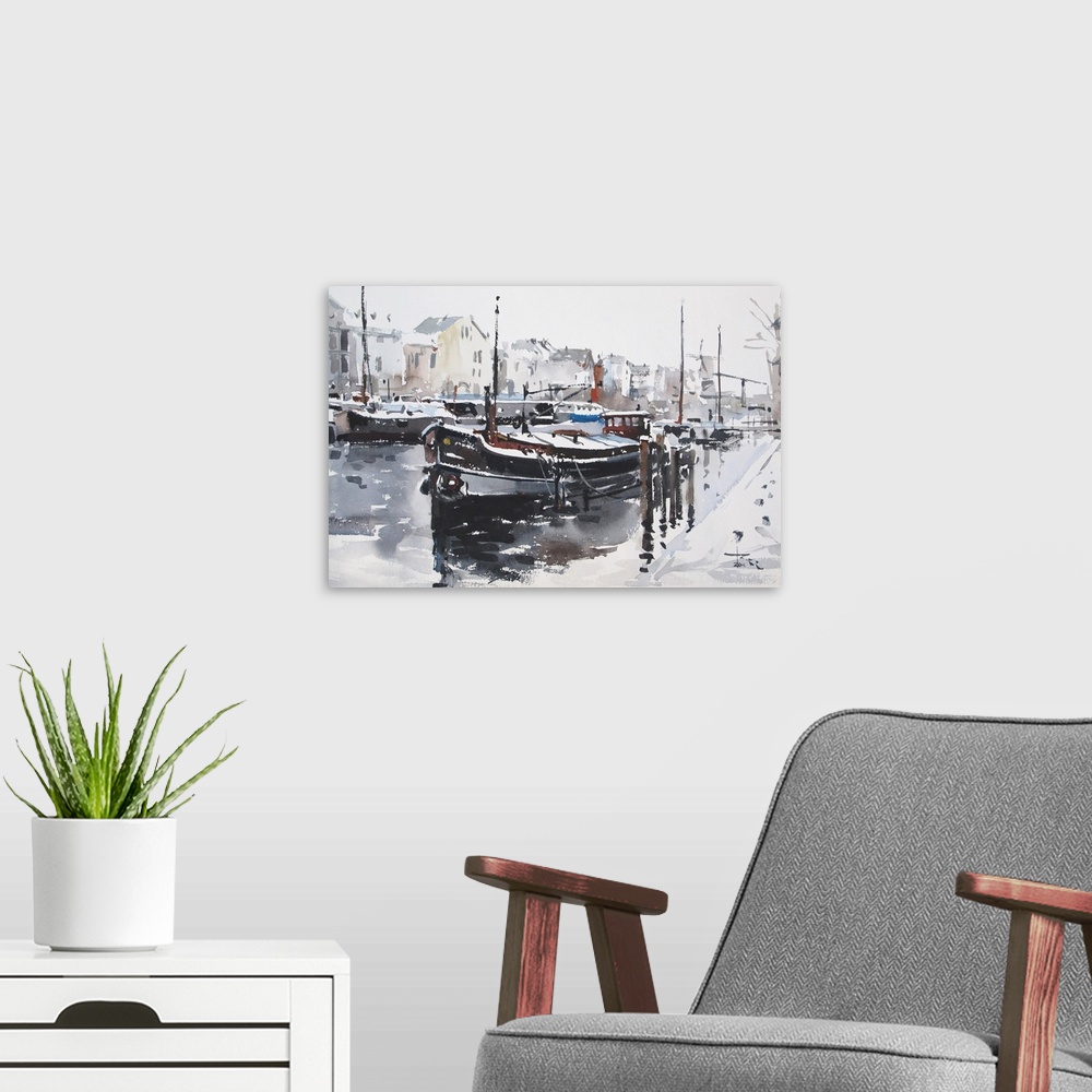 A modern room featuring This contemporary artwork highlights snow covered surfaces in this packed marina.
