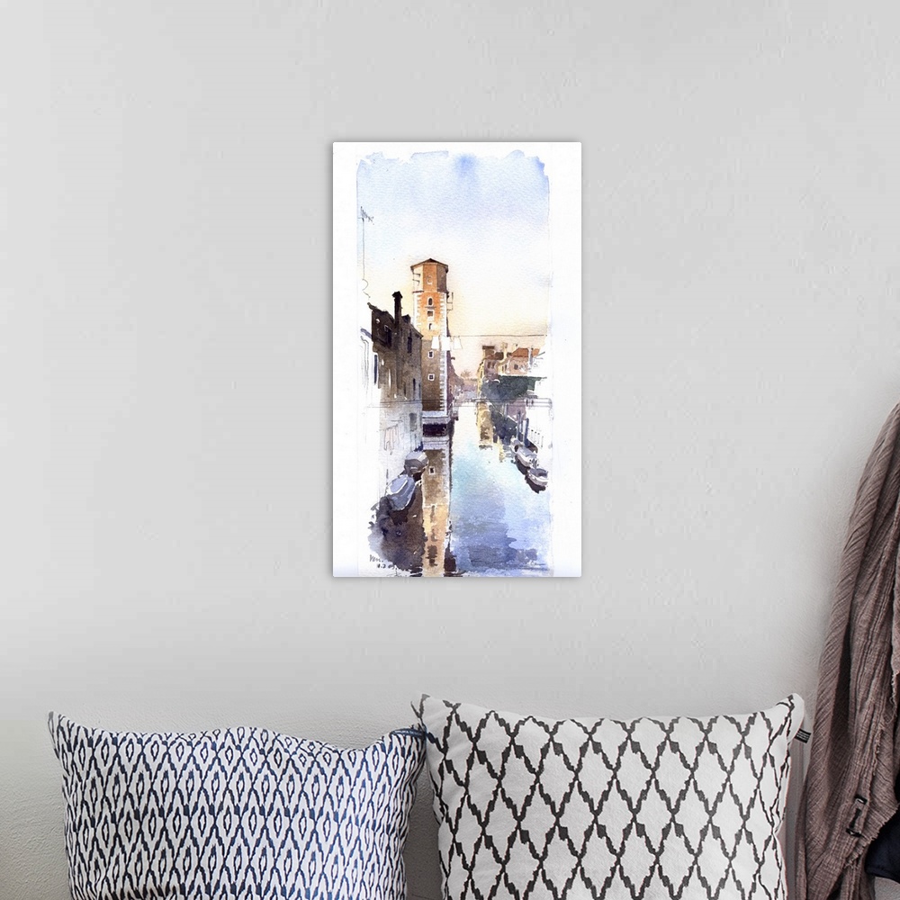 A bohemian room featuring This vertical contemporary artwork offers a new perspective into Venice life with fun bright blue...