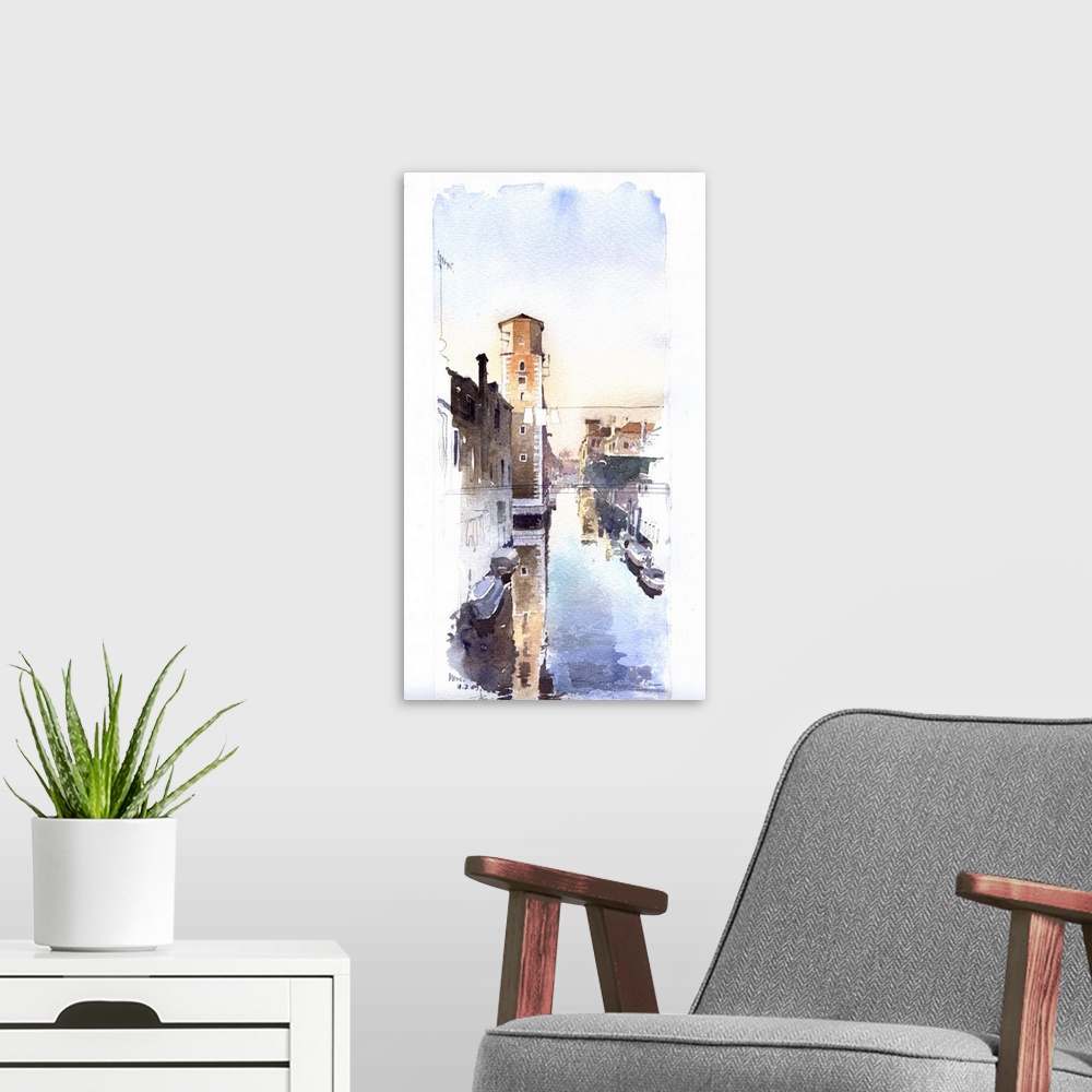 A modern room featuring This vertical contemporary artwork offers a new perspective into Venice life with fun bright blue...