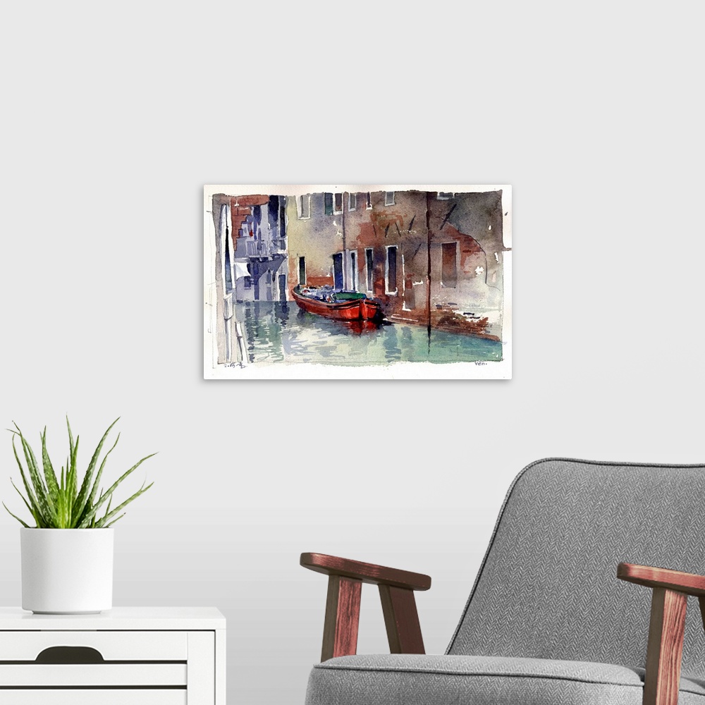 A modern room featuring A hidden red barge in an offshoot waterway illustrates the warmth of everyday life in Venice, Italy.