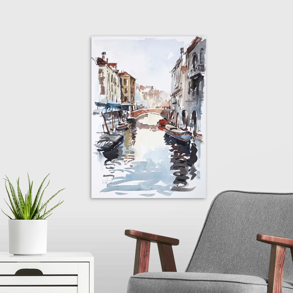 A modern room featuring Gestural brush strokes of saturated watercolors illustrate one of the water-traffic corridors in ...