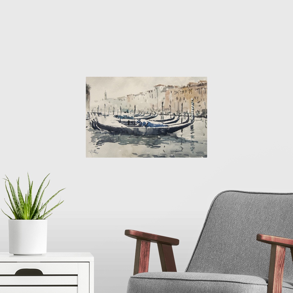 A modern room featuring Gestural brush strokes of dark watercolors illustrate a row of gondolas under snow in the Grand C...