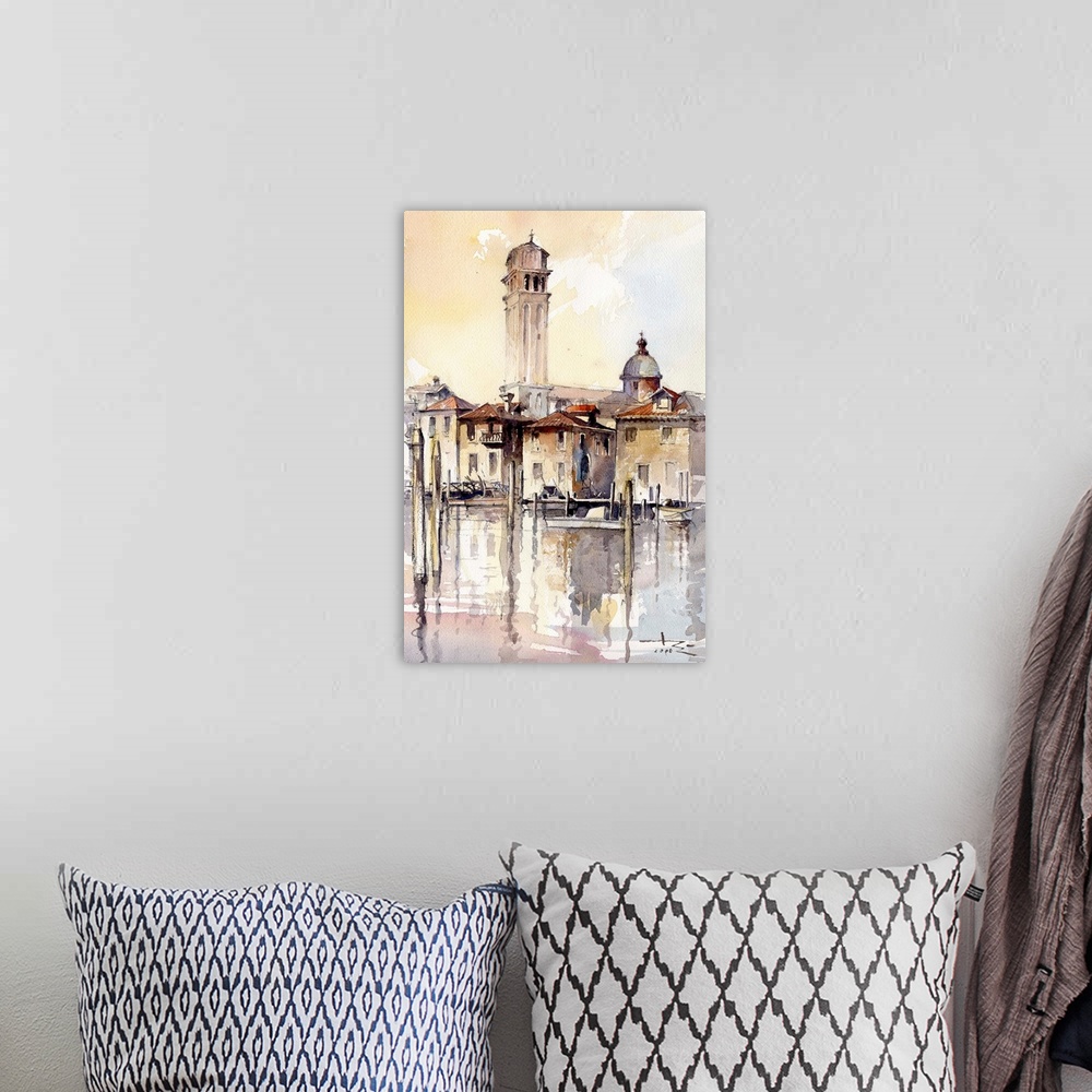 A bohemian room featuring This contemporary artwork features warm shades with pops of blue to create a Venice landscape in ...