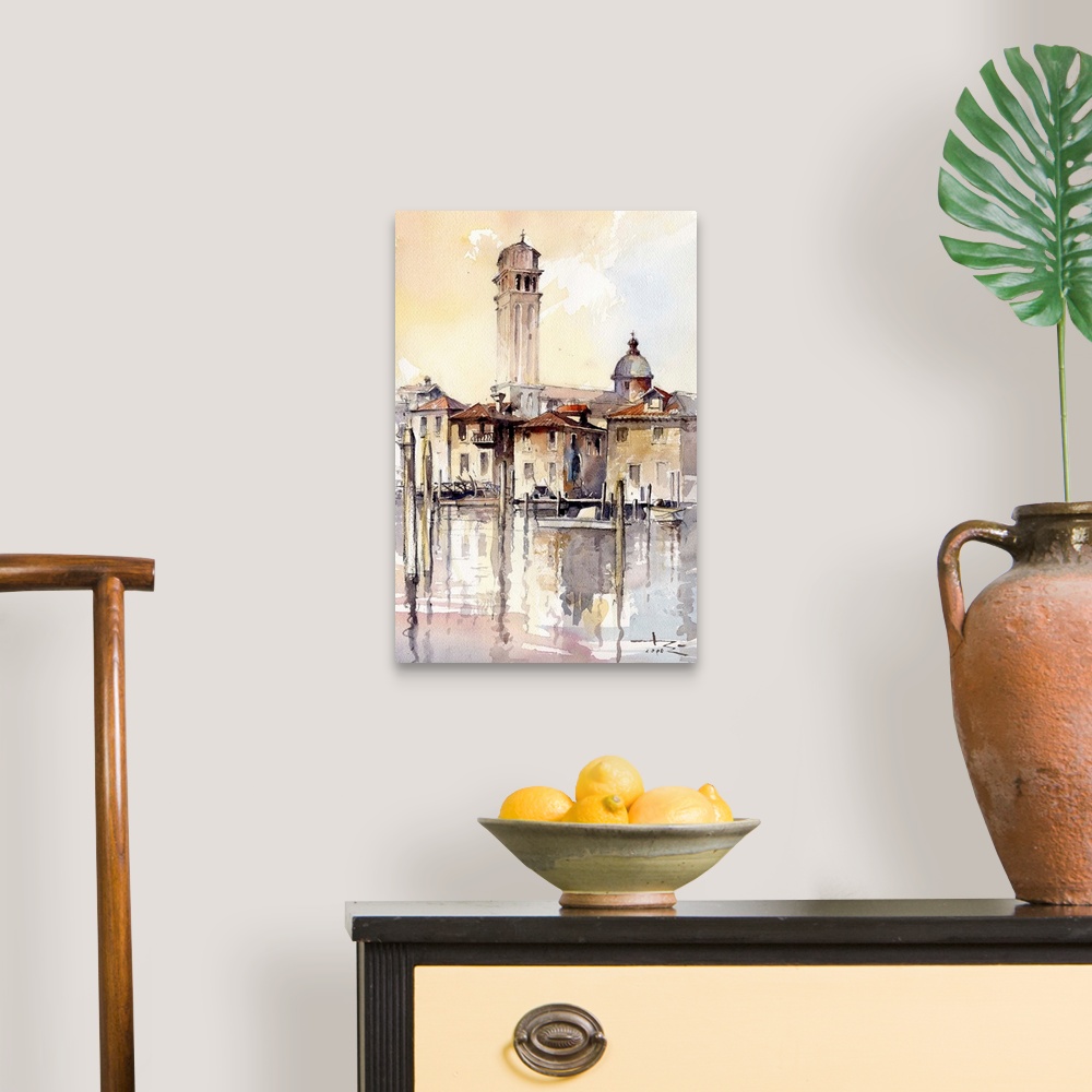 A traditional room featuring This contemporary artwork features warm shades with pops of blue to create a Venice landscape in ...