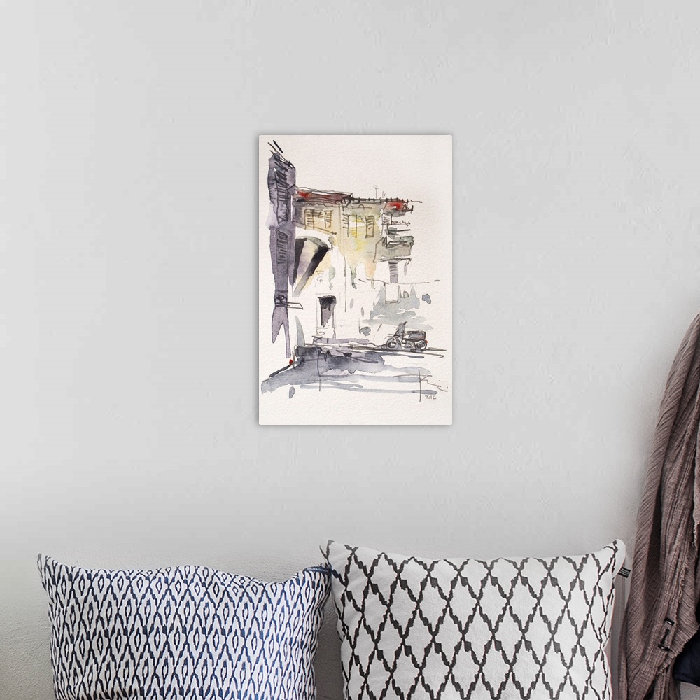 A bohemian room featuring This contemporary artwork is a quick watercolor sketch of a street scene in Ventimiglia Italy.