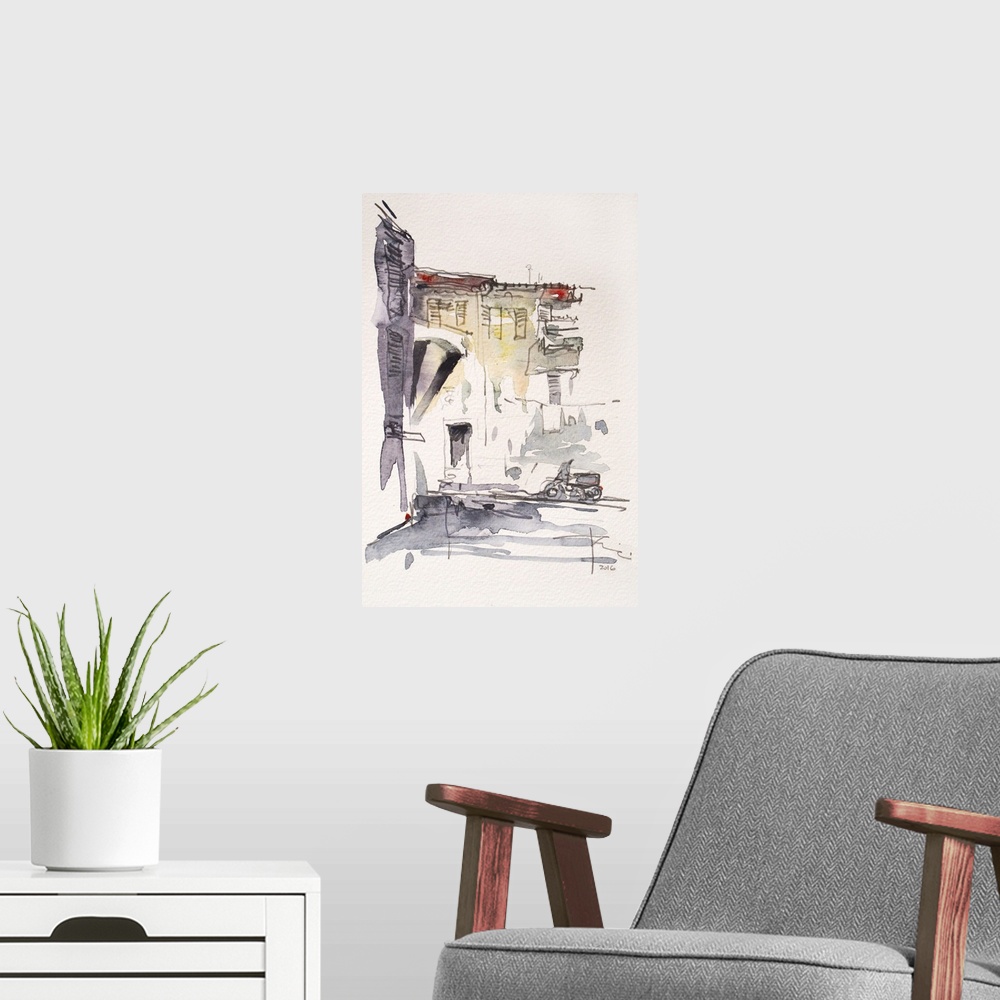 A modern room featuring This contemporary artwork is a quick watercolor sketch of a street scene in Ventimiglia Italy.