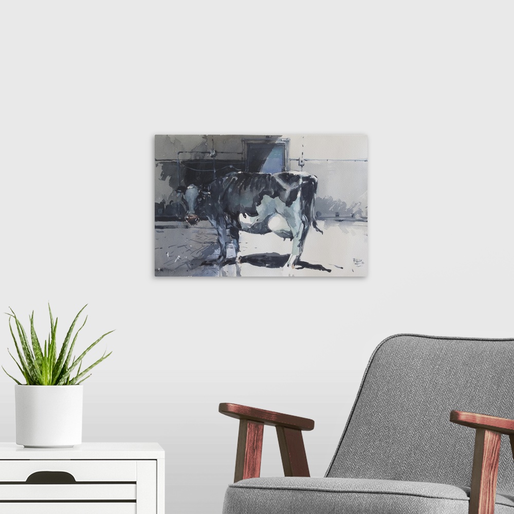 A modern room featuring Full of soul and gentle nature, this contemporary artwork illustrates emotion of a cow with dark ...
