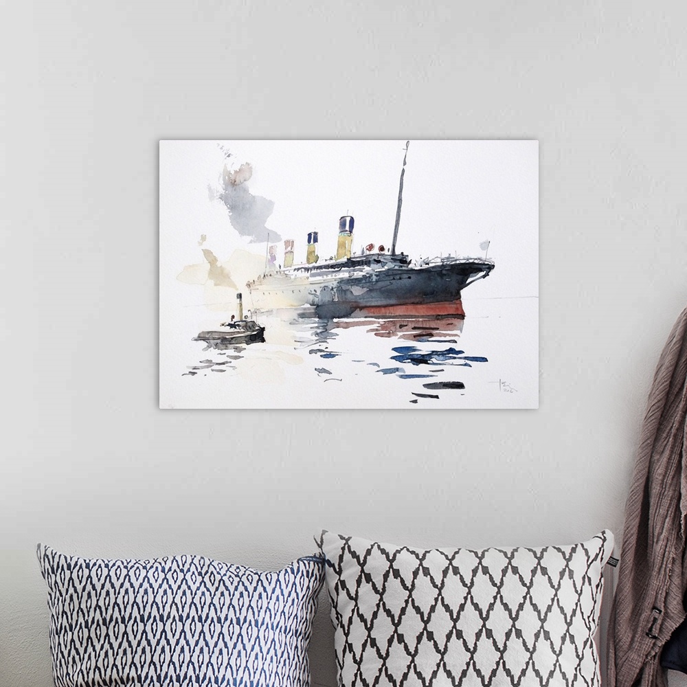 A bohemian room featuring Gestural brush strokes of saturated watercolors illustrate the famous ocean liner, Titanic, befor...