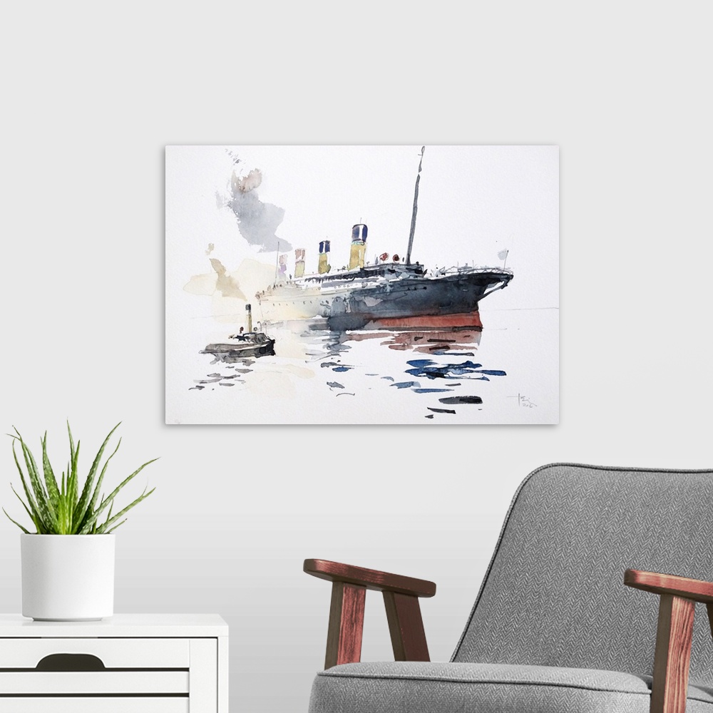 A modern room featuring Gestural brush strokes of saturated watercolors illustrate the famous ocean liner, Titanic, befor...
