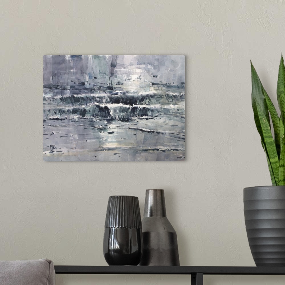 A modern room featuring This contemporary artwork features the break of waves at Bondi Beach in Sydney, with monochromati...