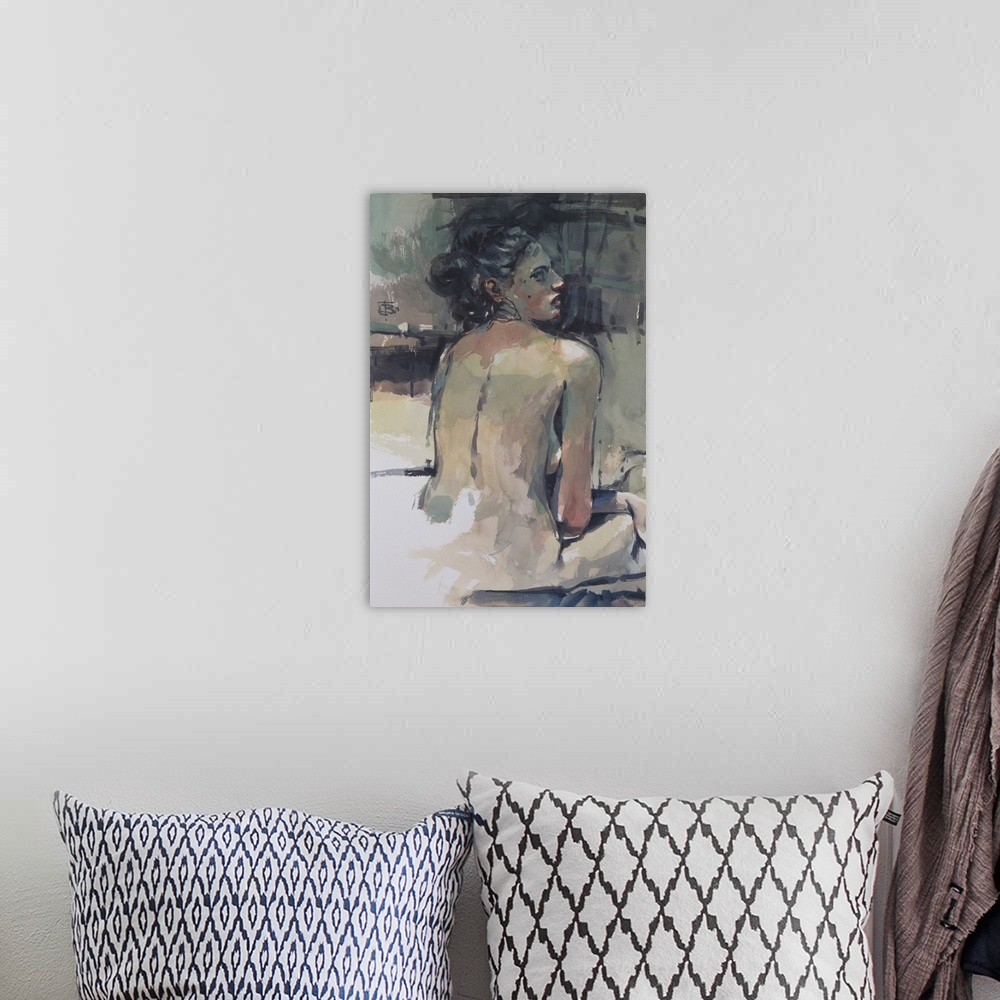 A bohemian room featuring This contemporary artwork features a nude woman seated shaped from moody blues offset by warm tones.
