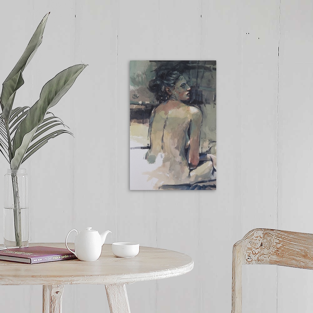 A farmhouse room featuring This contemporary artwork features a nude woman seated shaped from moody blues offset by warm tones.