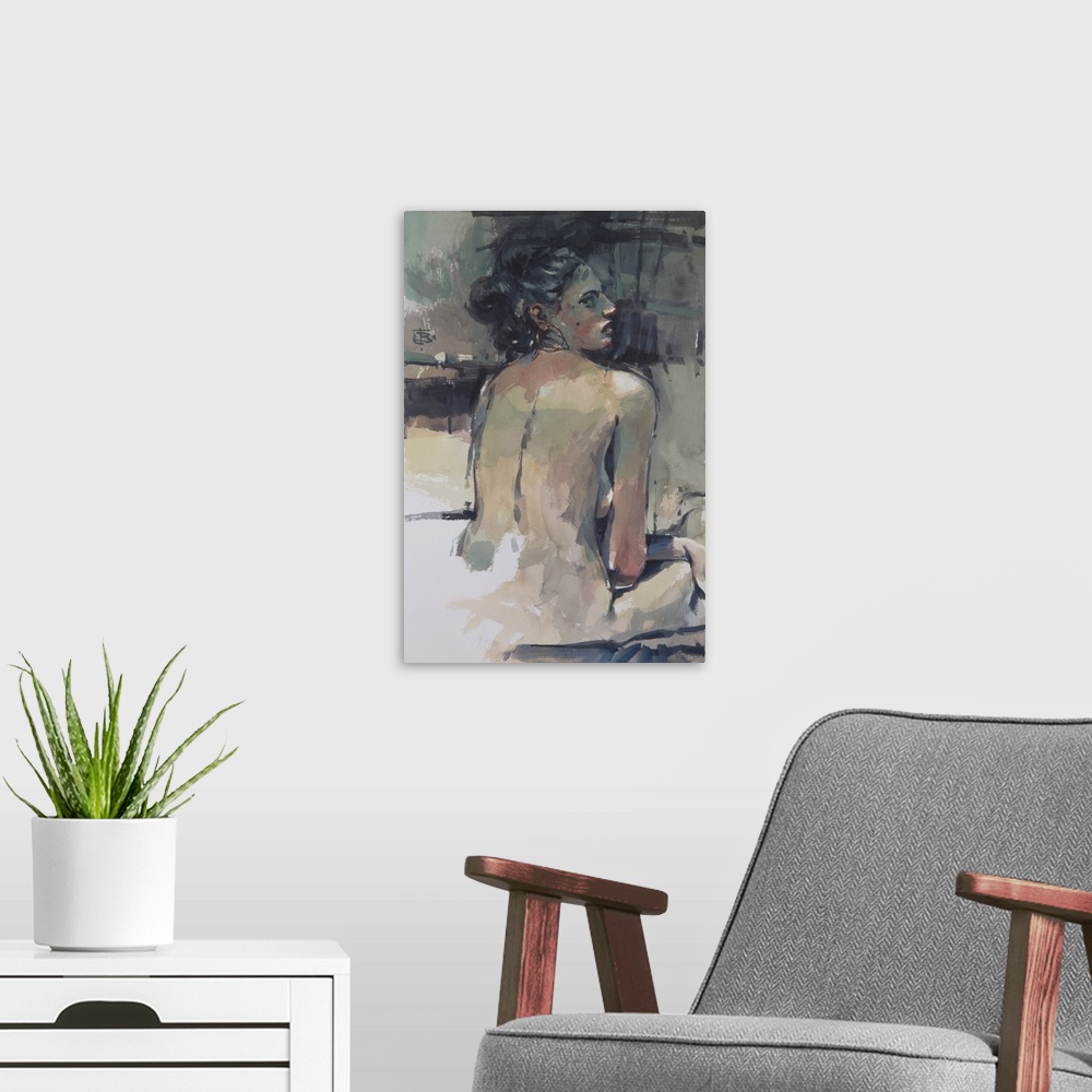 A modern room featuring This contemporary artwork features a nude woman seated shaped from moody blues offset by warm tones.