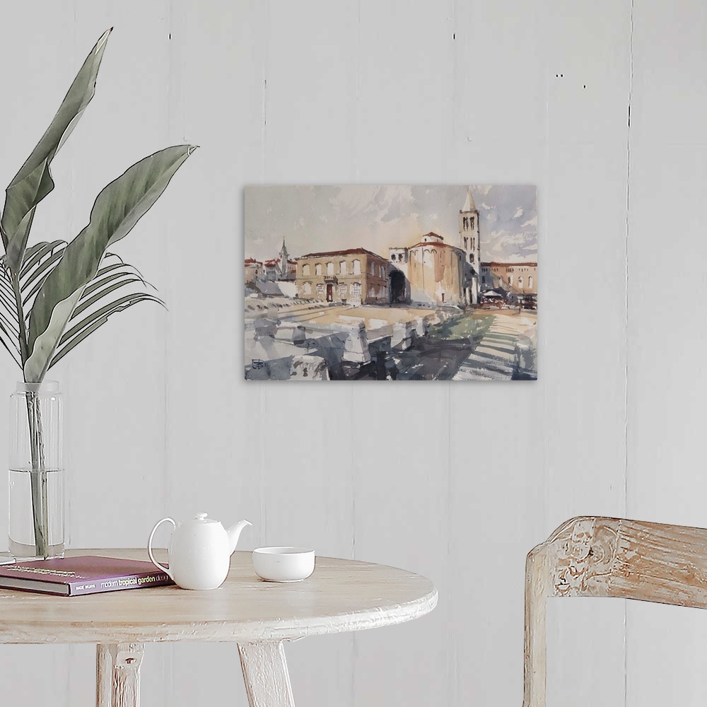 A farmhouse room featuring A watercolor artwork showing an old Croatian town of Zadar with Roman ruins in the foreground.