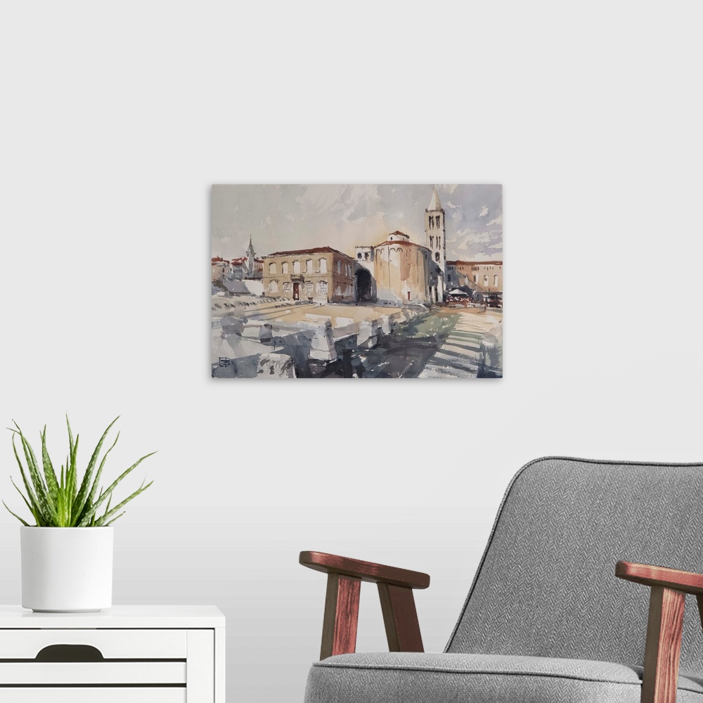 A modern room featuring A watercolor artwork showing an old Croatian town of Zadar with Roman ruins in the foreground.