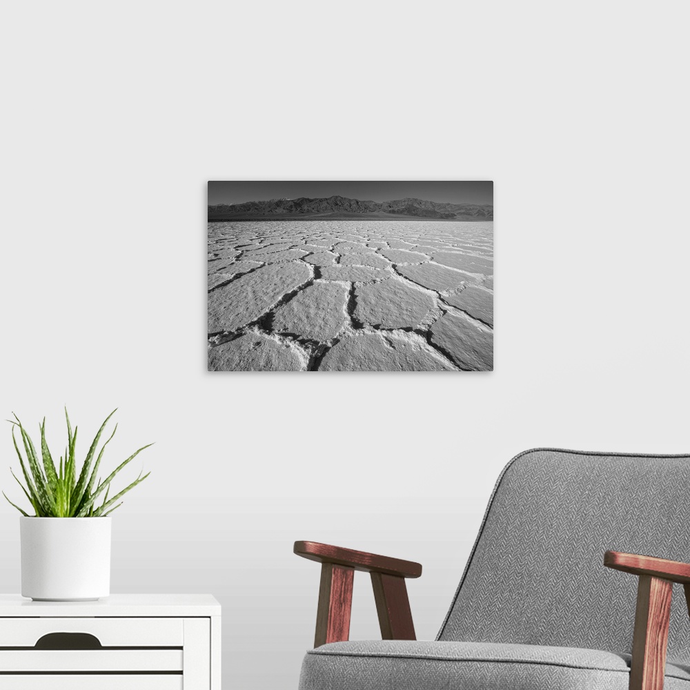 A modern room featuring Black and white image of dry salt flats in Death Valley, California.