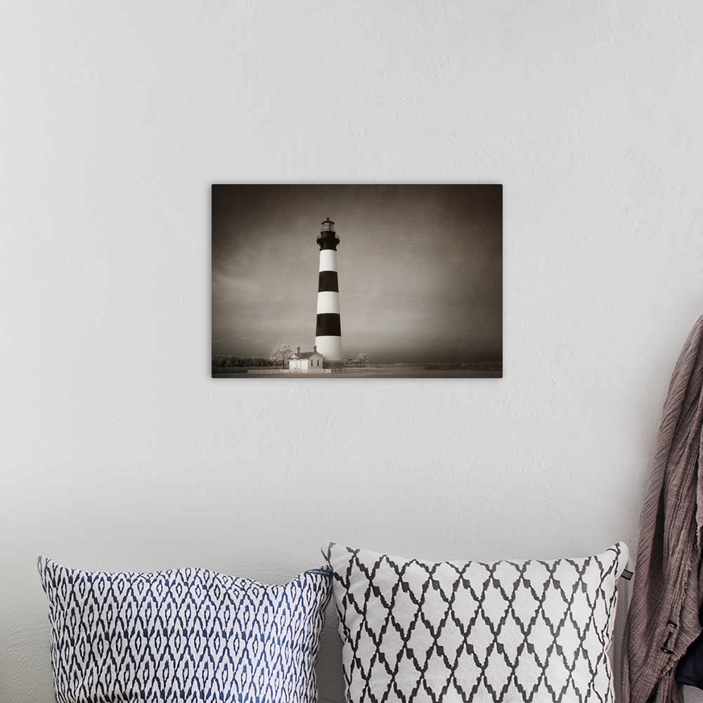 A bohemian room featuring Black and white striped Bodie Island Lighthouse on the Outer Banks, North Carolina.