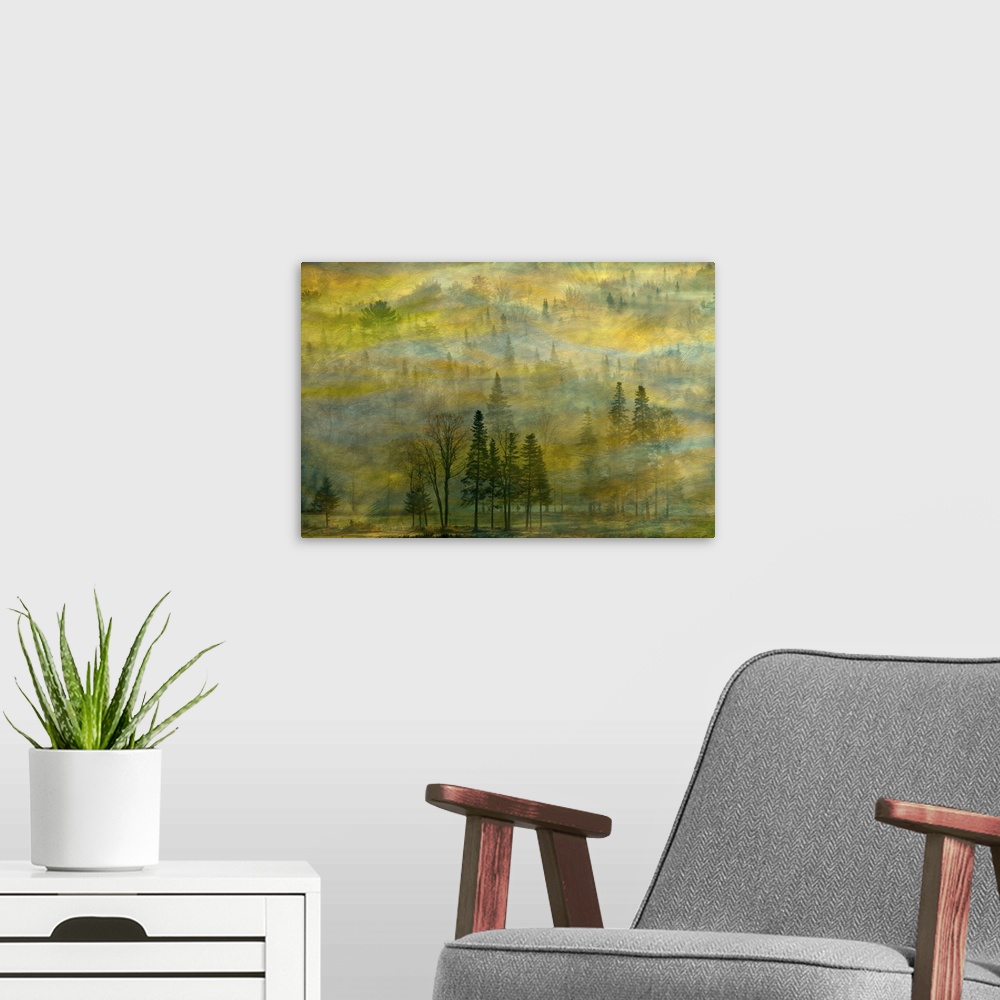 A modern room featuring Composite photo of a misty forest in New Hampshire with shades of green and yellow.