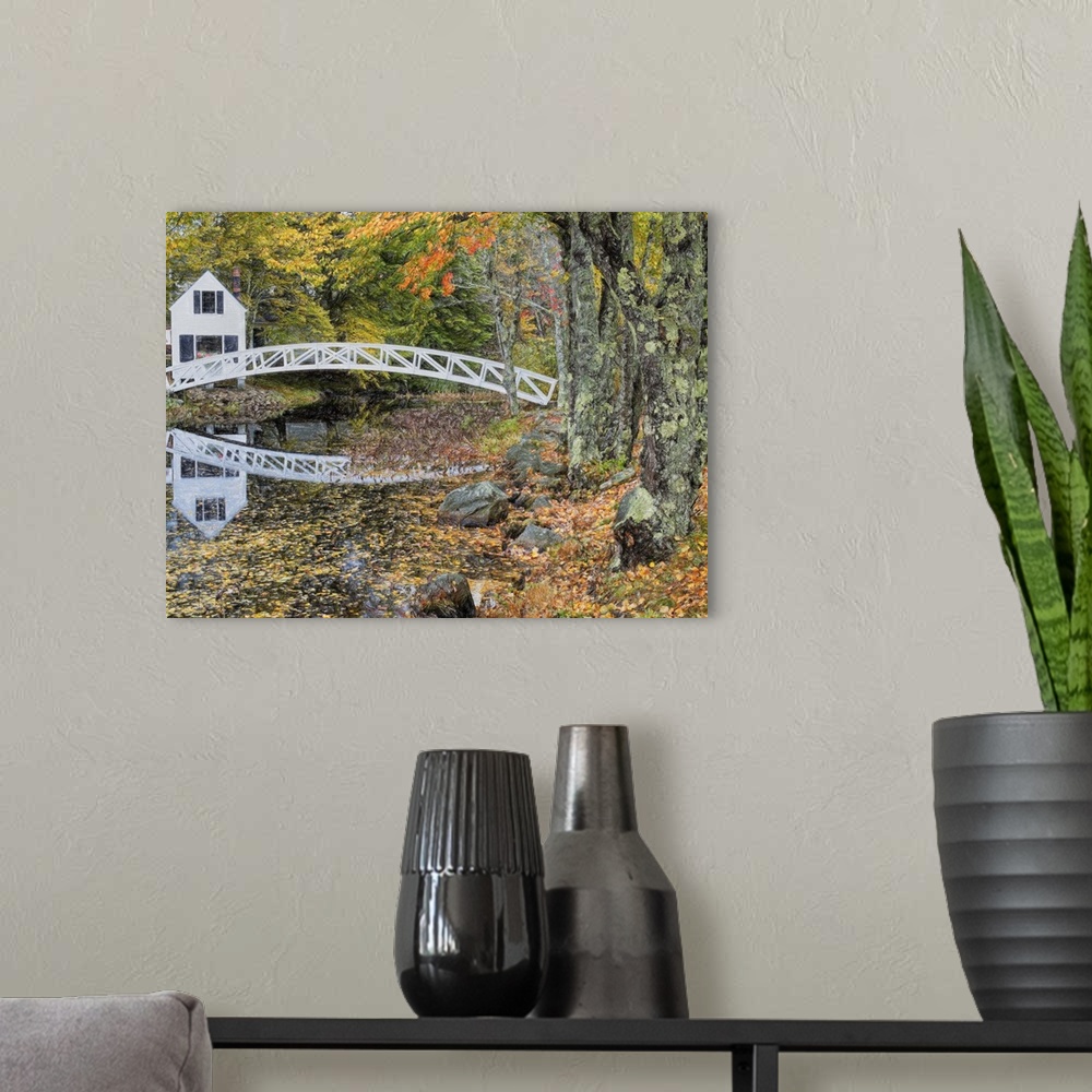 A modern room featuring A white wooden bridge arching over a stream in a forest in the fall, near mossy trees.