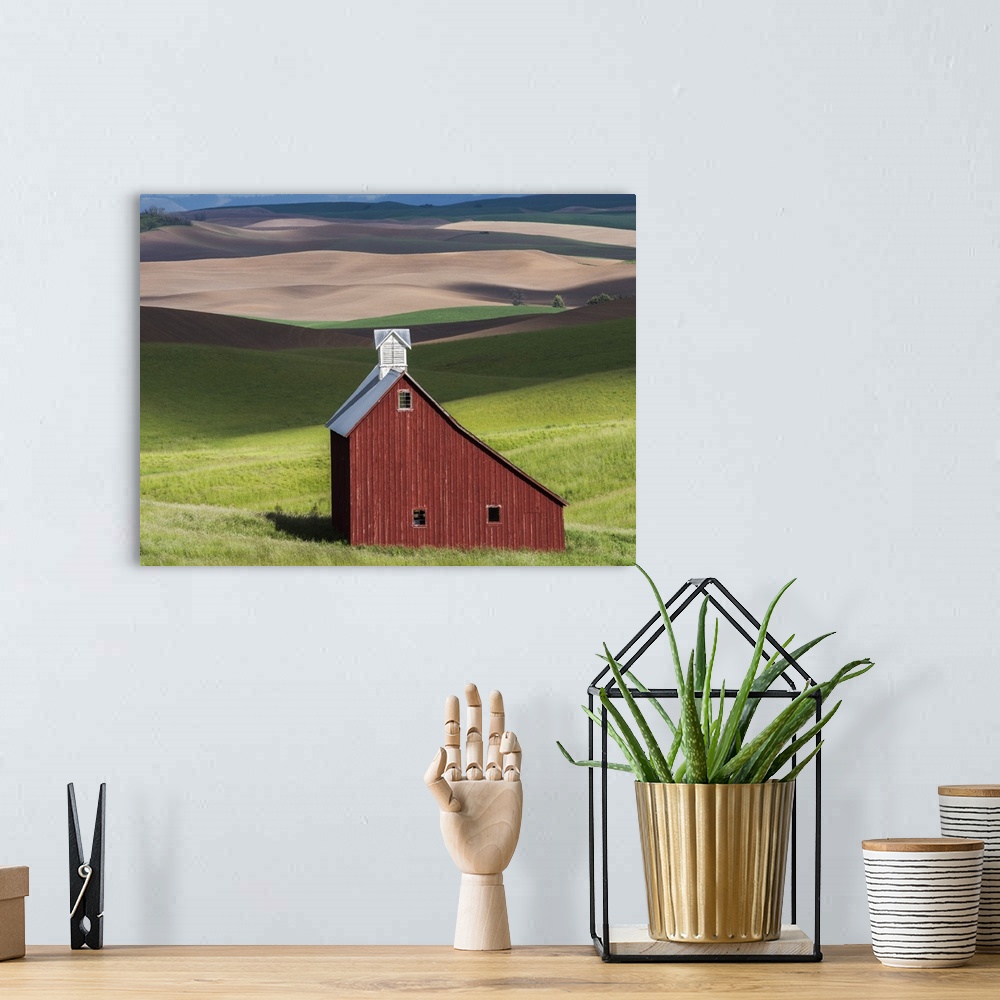 A bohemian room featuring Lone red barn in a green field in the hills of the Idaho countryside.