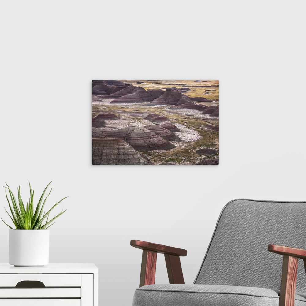 A modern room featuring Striated rock formations in the wilderness of Badlands National Park in South Dakota.