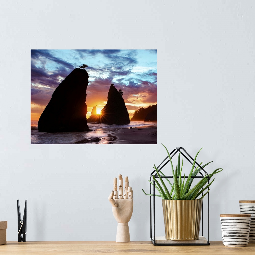 A bohemian room featuring Sea stacks silhouetted by the sunset light on the Washington coast.