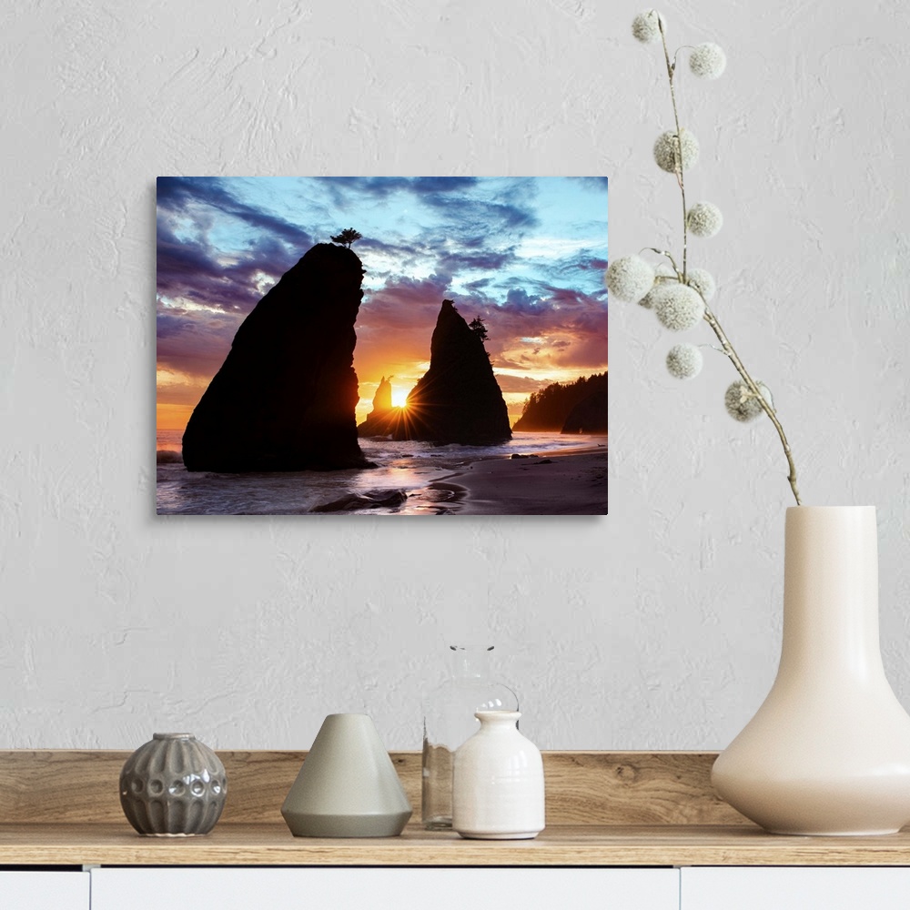A farmhouse room featuring Sea stacks silhouetted by the sunset light on the Washington coast.